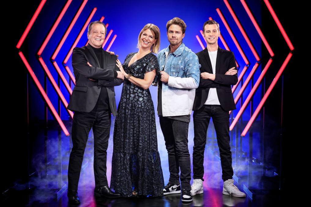 Walter Grootaers, Karen Damen, André Hazes en Sam Gooris in The Voice Senior
